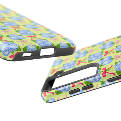 Watercolor Blue Hydrangea Bouquets with Hot Pink and Light Pink Bow Ribbons Illustrated Pattern Yellow Tough Phone Case | Various Models