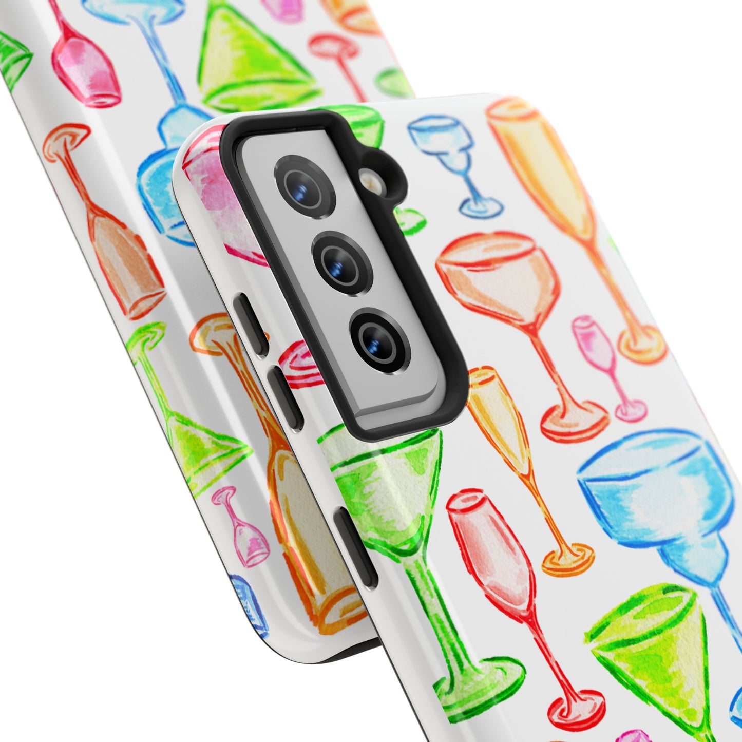 Monochromatic Margarita, Wine, Martini, and Champagne Flute Cocktail Glasses Watercolor Illustrated Tough Phone Case | Various Models Available