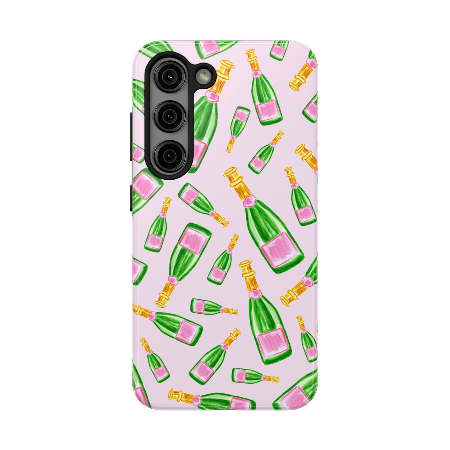 Tossed Pink and Green Watercolor Illustrated Champagne Bottles Pattern Blush Pink Tough Phone Case | Various Models