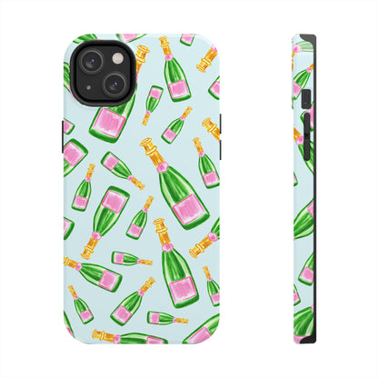 Tossed Pink and Green Watercolor Illustrated Champagne Bottles Pattern Light Blue Tough Phone Case | Various Models