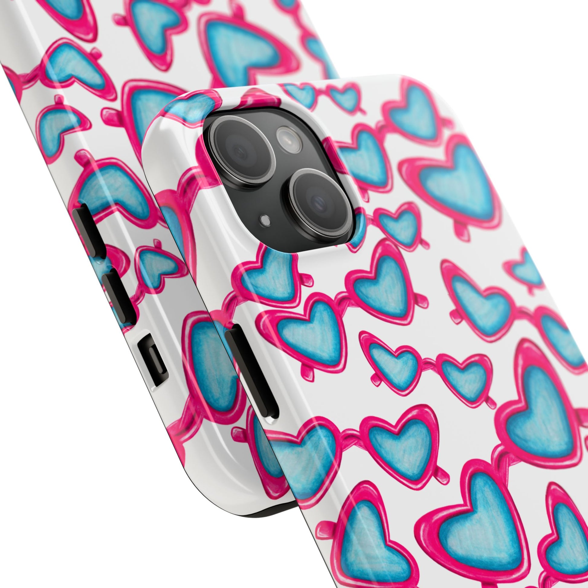 Pink & Blue Heart Shaped Sunglasses Watercolor Illustrated Tossed Pattern Tough Case | Various Models
