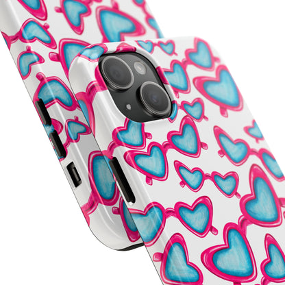 Pink & Blue Heart Shaped Sunglasses Watercolor Illustrated Tossed Pattern Tough Case | Various Models