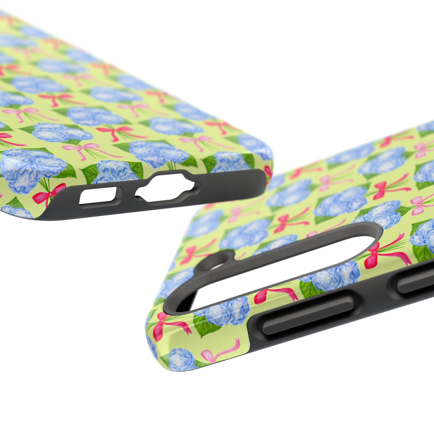 Watercolor Blue Hydrangea Bouquets with Hot Pink and Light Pink Bow Ribbons Illustrated Pattern Yellow Tough Phone Case | Various Models