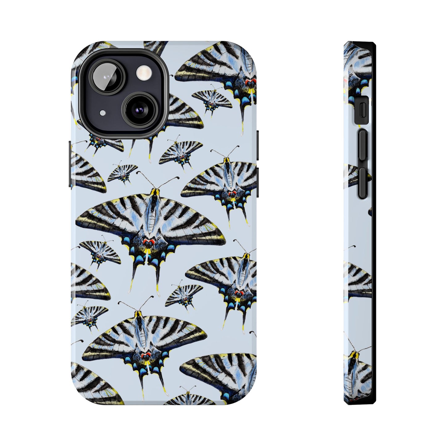 Light Blue Swallowtail Butterflies Watercolor Illustrated Pale Blue Tough Phone Case | Various Models iPhone 13 Mini