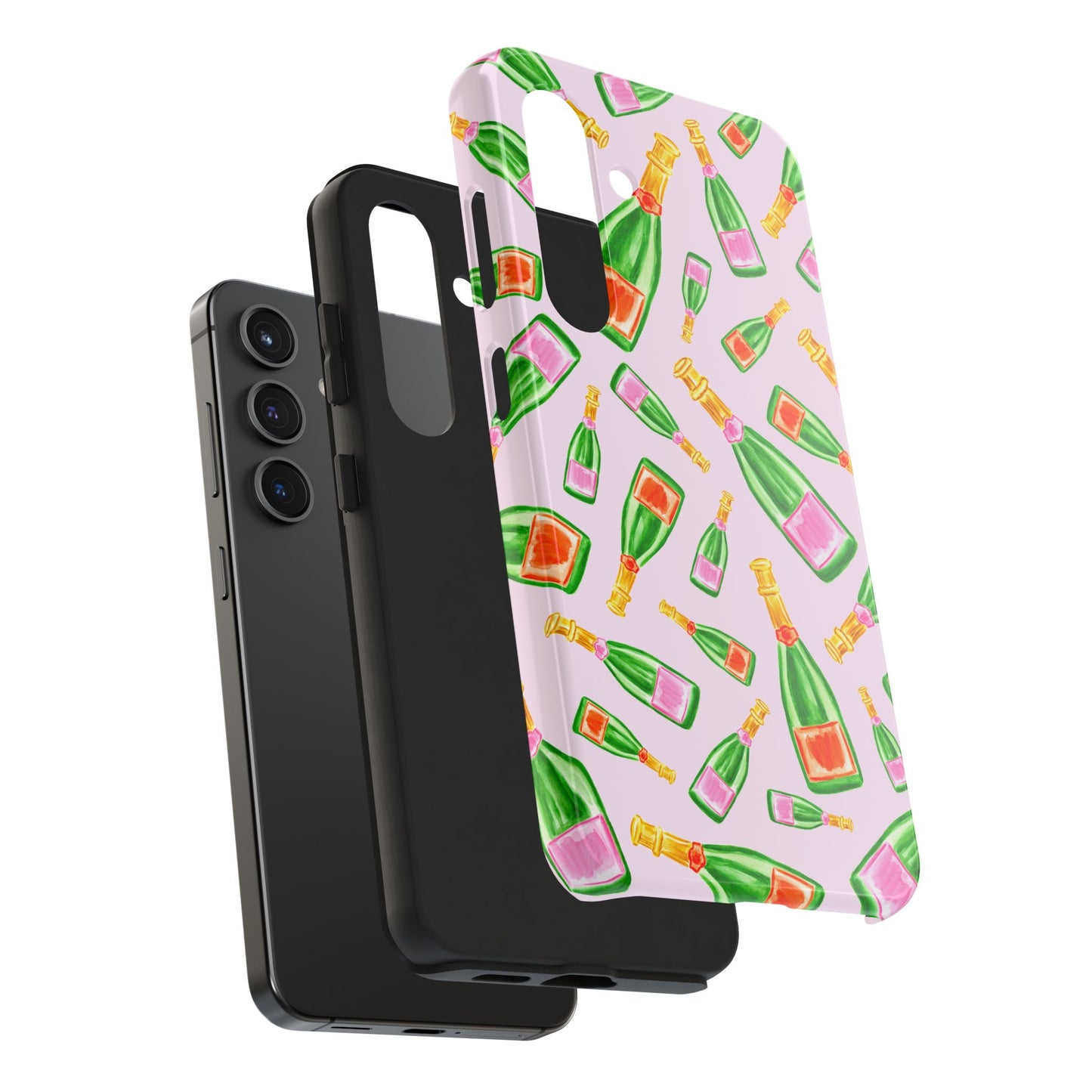 Tossed Pink and Green & Orange and Green Watercolor Illustrated Champagne Bottles Pattern Blush Pink Tough Phone Case | Various Models