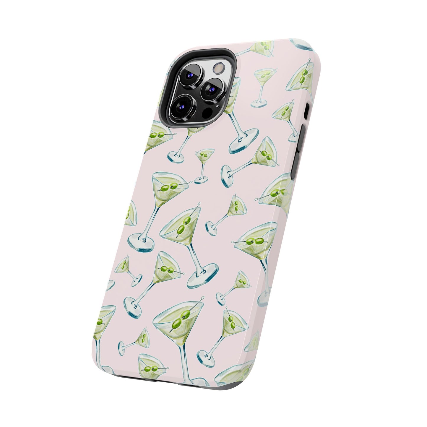 Watercolor Blue and Green Martinis Tossed Illustrated Pattern Blush Pink Tough Phone Case | Various Models