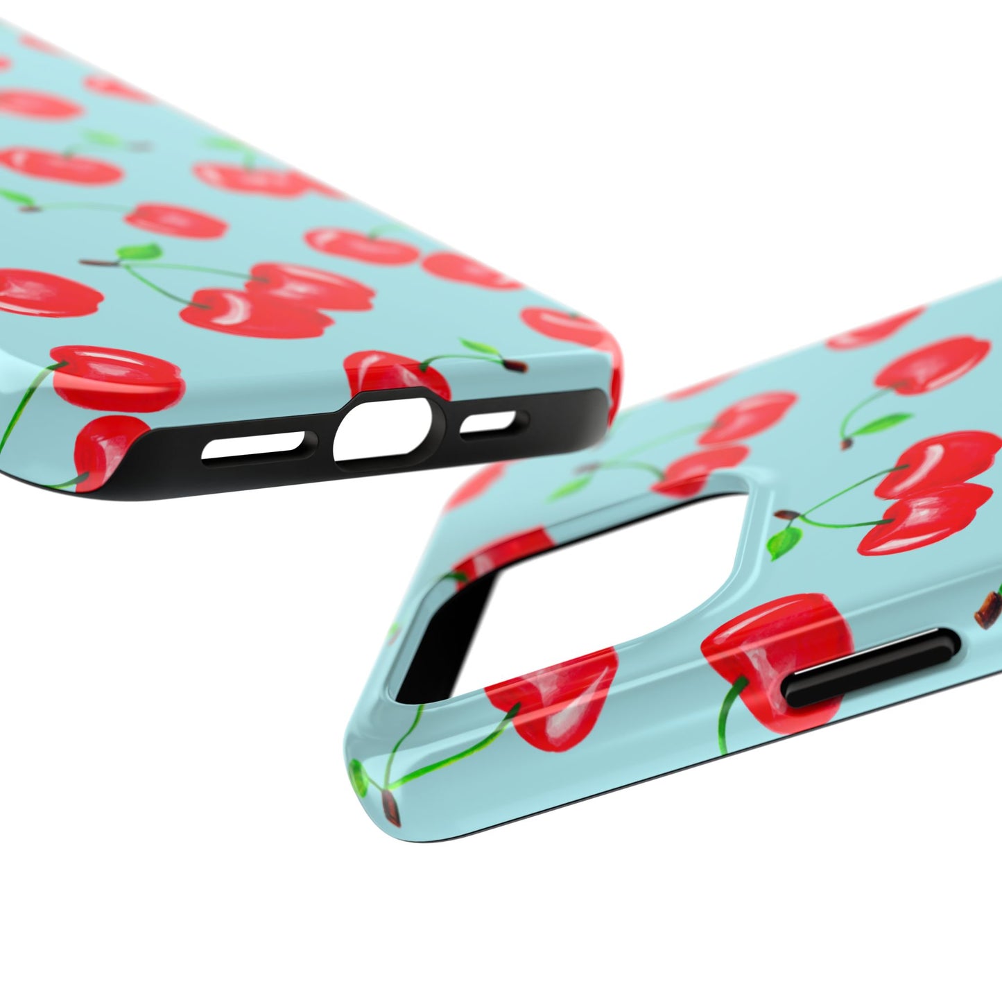 Tossed Red Watercolor Cherries Illustrated Pattern Bright Blue Tough Phone Case | Various Models