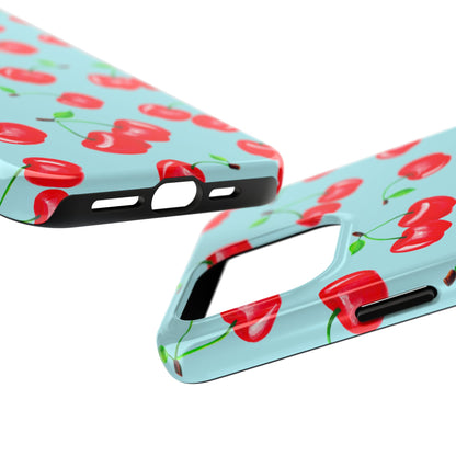 Tossed Red Watercolor Cherries Illustrated Pattern Bright Blue Tough Phone Case | Various Models