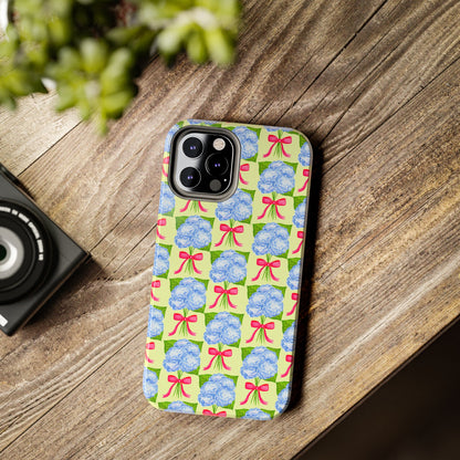 Blue Watercolor Hydrangea Bouquets with Hot Pink Bows Illustrated Patterned Yellow Preppy Grand Millenial Tough Phone Case | Various Models