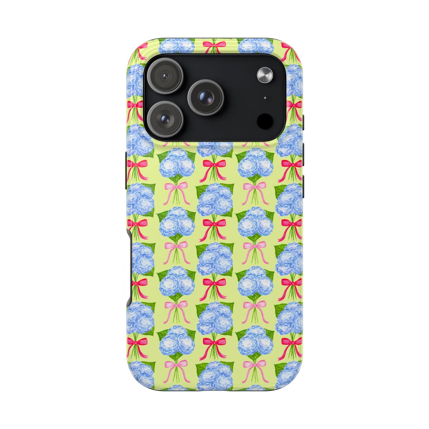 Watercolor Blue Hydrangea Bouquets with Hot Pink and Light Pink Bow Ribbons Illustrated Pattern Yellow Tough Phone Case | Various Models