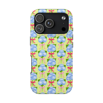 Watercolor Blue Hydrangea Bouquets with Hot Pink and Light Pink Bow Ribbons Illustrated Pattern Yellow Tough Phone Case | Various Models
