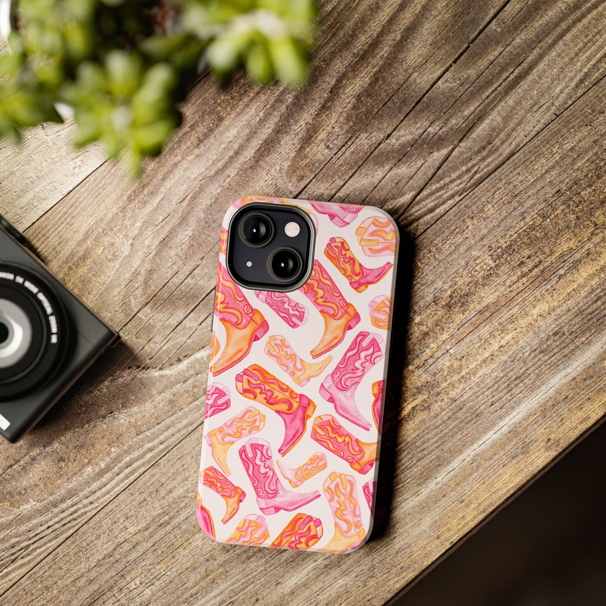 Tossed Hot Pink & Orange Watercolor Cowboy Boots Tough Light Pink Phone Case | Various Models Available