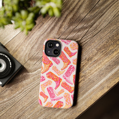 Tossed Hot Pink & Orange Watercolor Cowboy Boots Tough Light Pink Phone Case | Various Models Available