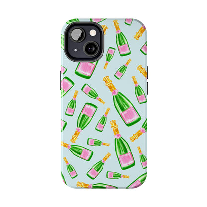 Tossed Pink and Green Watercolor Illustrated Champagne Bottles Pattern Light Blue Tough Phone Case | Various Models