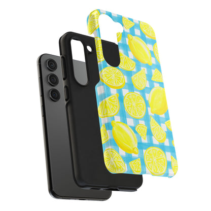 Bright Yellow Lemons Watercolor Illustrated Tossed Pattern Turquoise Gingham Tough Phone Case | Various Models