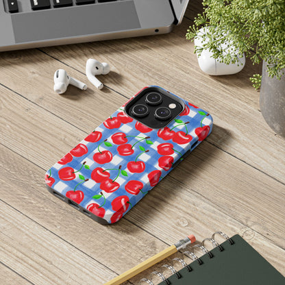 Tossed Red Cherries Blue Gingham Checkered Watercolor Illustrated Tough Phone Case | Various Models