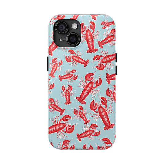 Red Lobster Watercolor Illustrated Tossed Pattern Light Blue Tough Phone Case | Various Models iPhone 15