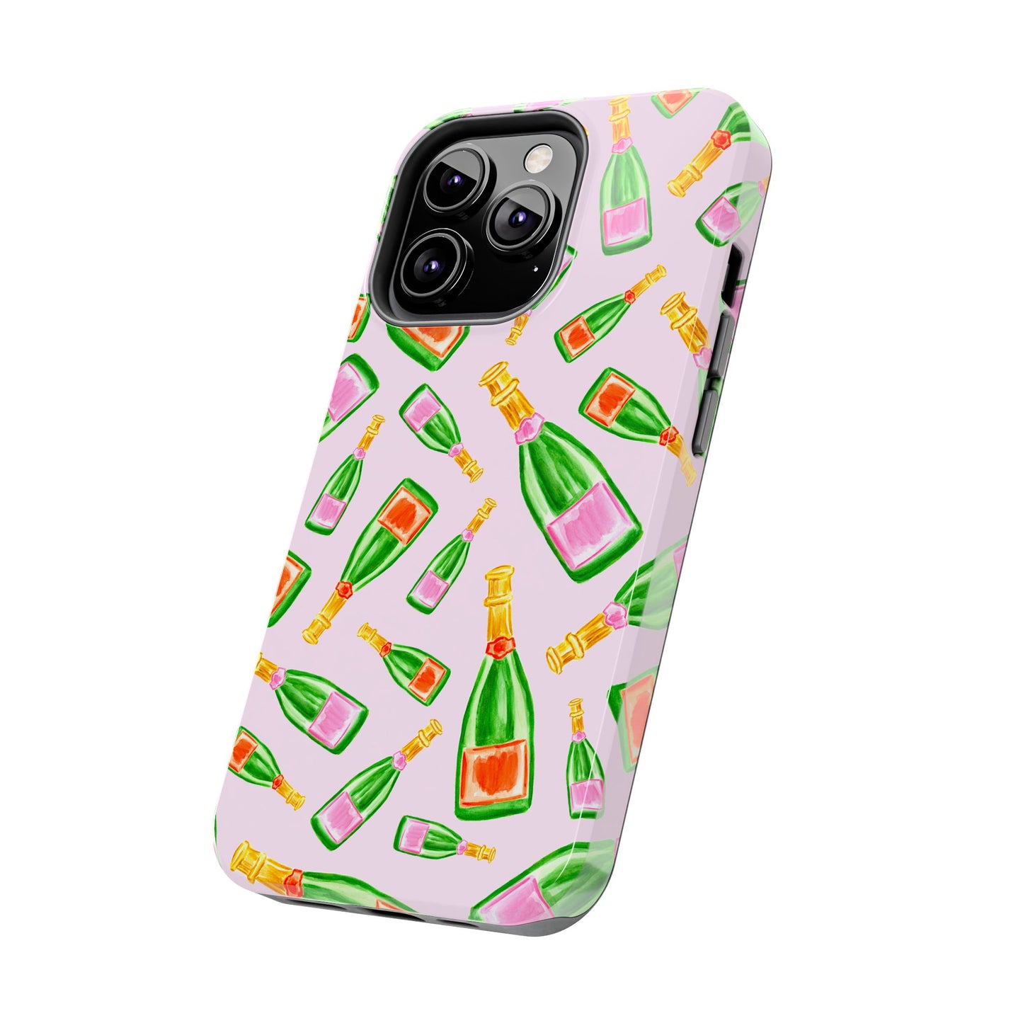 Tossed Pink and Green & Orange and Green Watercolor Illustrated Champagne Bottles Pattern Blush Pink Tough Phone Case | Various Models