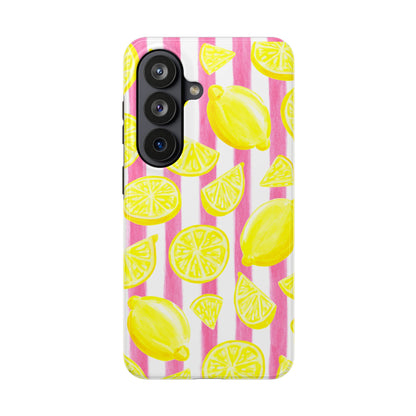 Pink Lemonade Yellow Lemons with Pink & White Watercolor Stripes Tough Phone Case