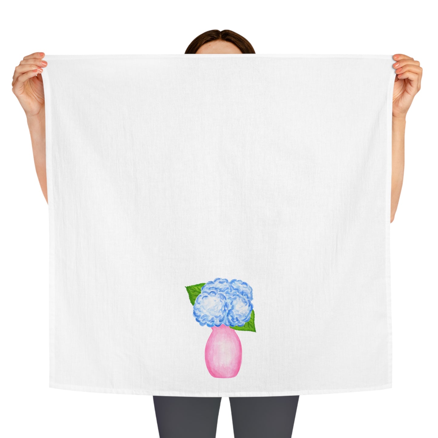 Tea Towel | Watercolor Blue Hydrangeas in Light Pink Vase Illustration | Preppy Coastal Kitchen Decor Gifts