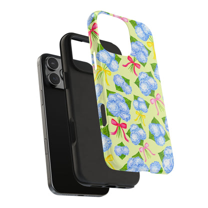 Blue Watercolor Hydrangea Bunches with Hot Pink, Yellow, Light Pink Bows Illustrated Patterned Yellow Tough Phone Case | Various Models
