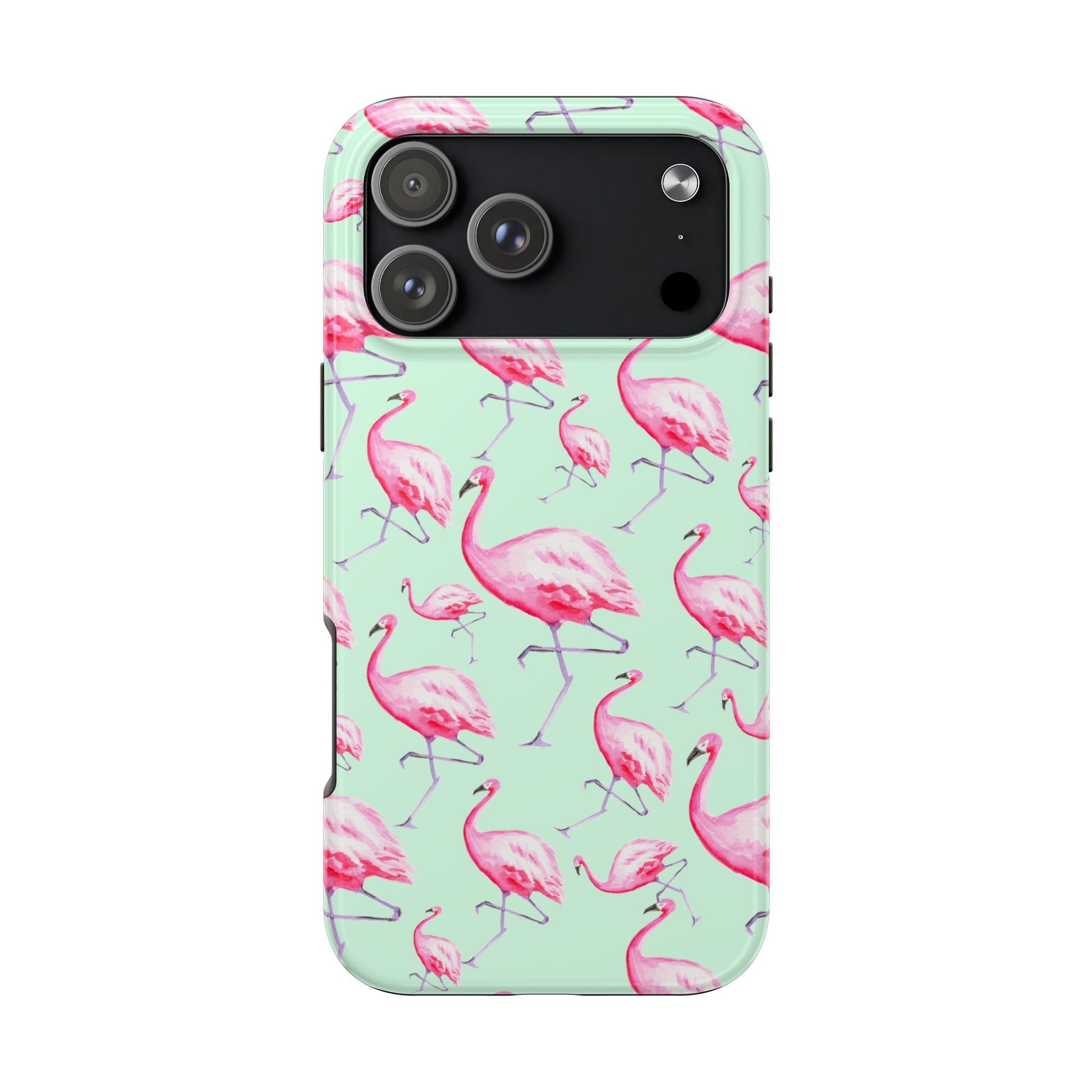 Pink Flamingos Watercolor Illustrated Tossed Pattern Green Phone Case | Various Models iPhone 17 Pro Max