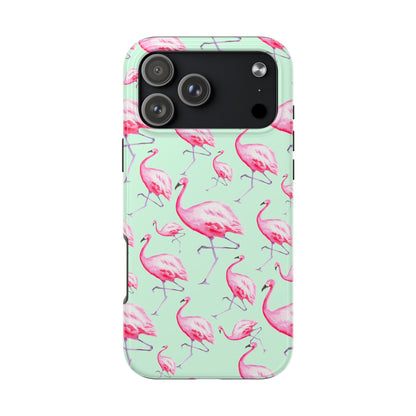 Pink Flamingos Watercolor Illustrated Tossed Pattern Green Phone Case | Various Models iPhone 17 Pro Max