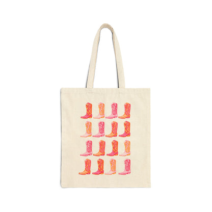 Canvas Tote | Rows of Hot Pink and Orange Cowboy Boot Watercolor Illustrated Farmers Market Tote | Western Preppy Gift | Coastal Cowgirl Natural 15" x 16"