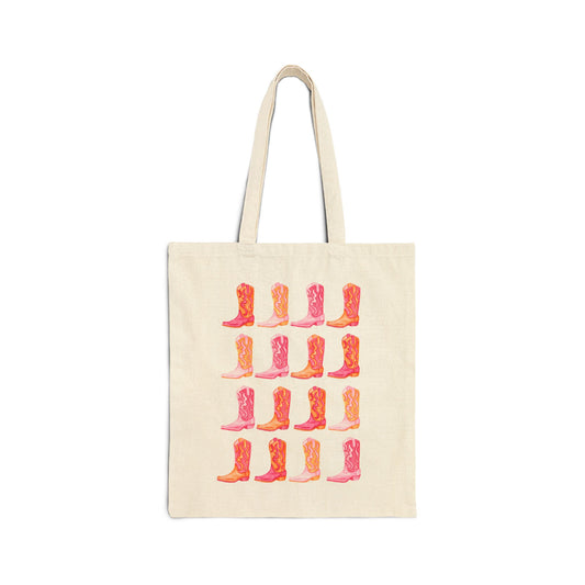 Canvas Tote | Rows of Hot Pink and Orange Cowboy Boot Watercolor Illustrated Farmers Market Tote | Western Preppy Gift | Coastal Cowgirl