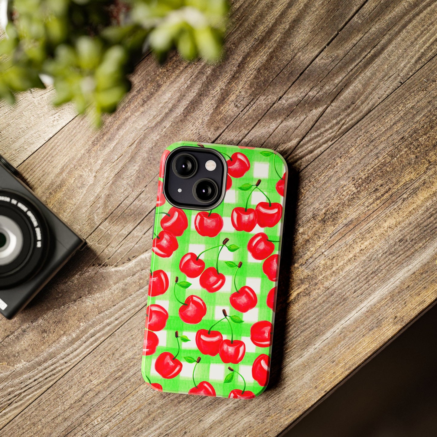 Red Tossed Cherries Green Gingham Watercolor Illustrated Tough Phone Case | Various Models Available