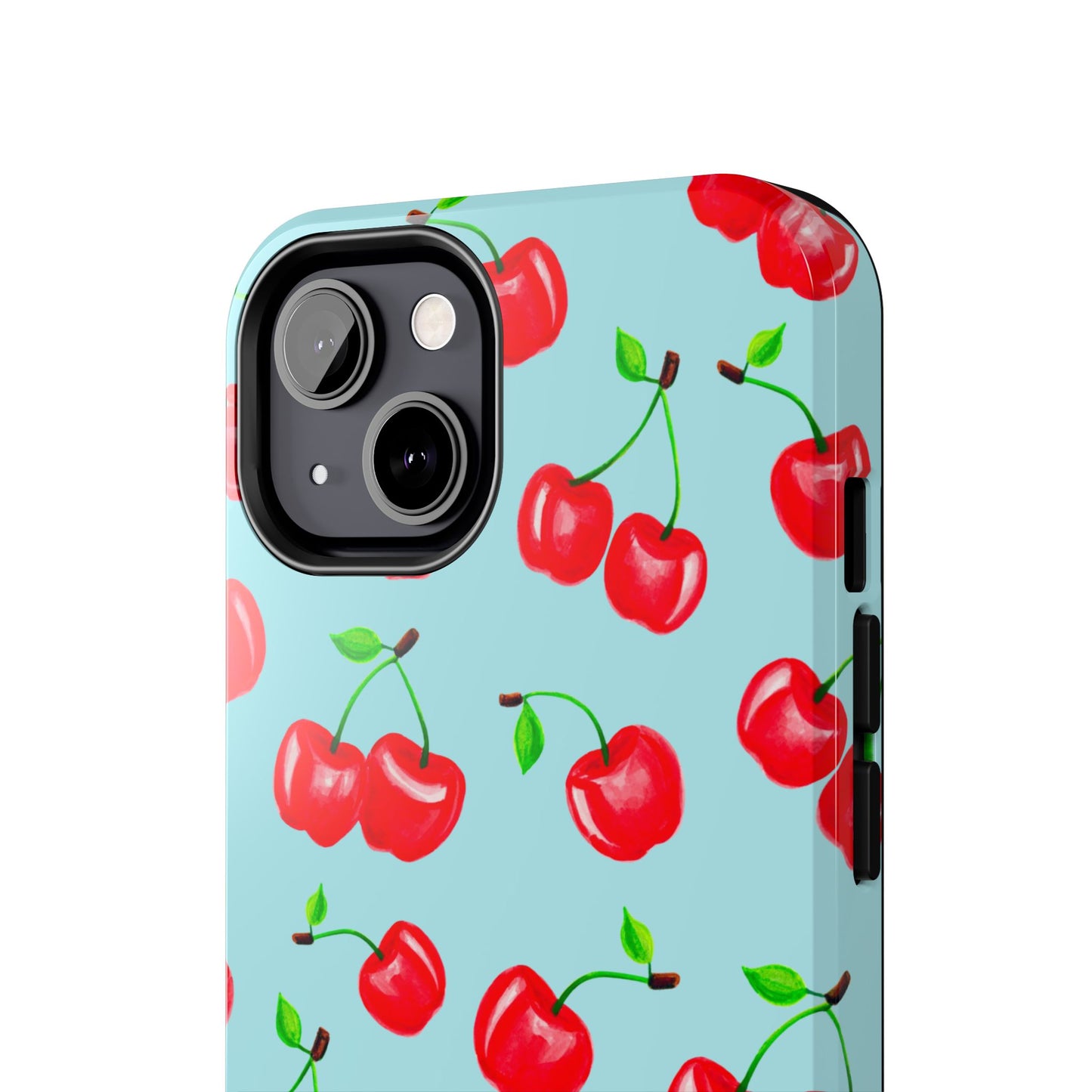 Tossed Red Watercolor Cherries Illustrated Pattern Bright Blue Tough Phone Case | Various Models