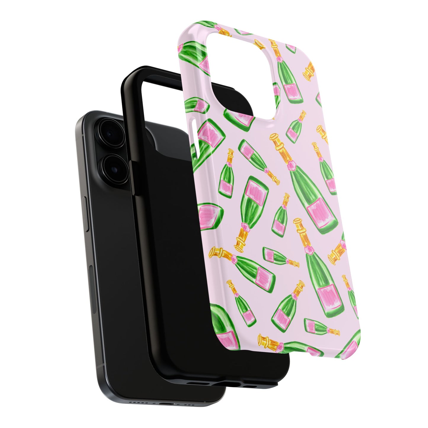 Tossed Pink and Green Watercolor Illustrated Champagne Bottles Pattern Blush Pink Tough Phone Case | Various Models