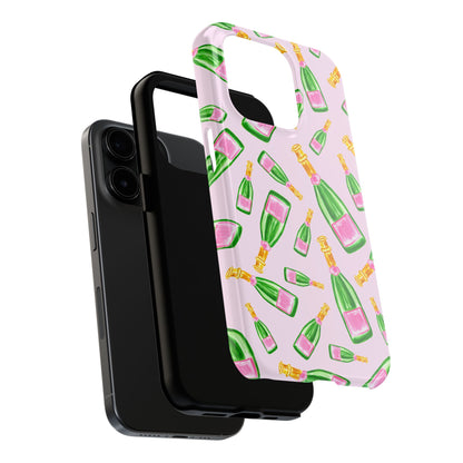 Tossed Pink and Green Watercolor Illustrated Champagne Bottles Pattern Blush Pink Tough Phone Case | Various Models