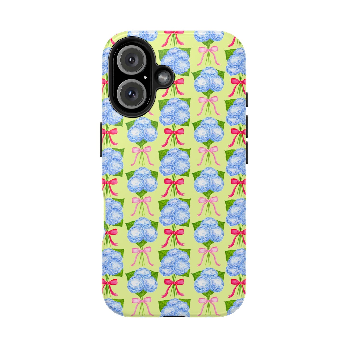 Watercolor Blue Hydrangea Bouquets with Hot Pink and Light Pink Bow Ribbons Illustrated Pattern Yellow Tough Phone Case | Various Models