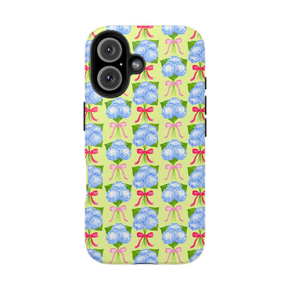 Watercolor Blue Hydrangea Bouquets with Hot Pink and Light Pink Bow Ribbons Illustrated Pattern Yellow Tough Phone Case | Various Models