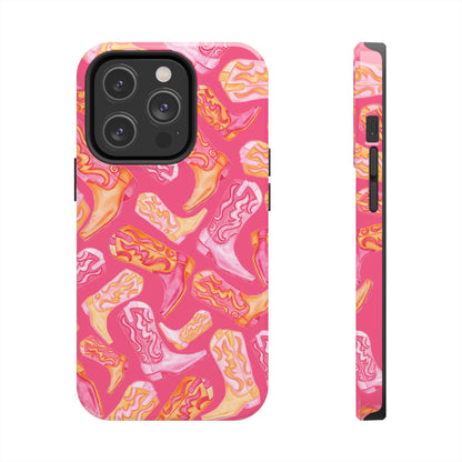 Tossed Hot Pink & Orange Watercolor Cowboy Boots Hot Pink Tough Phone Cases | Various Models iPhone 14 Pro