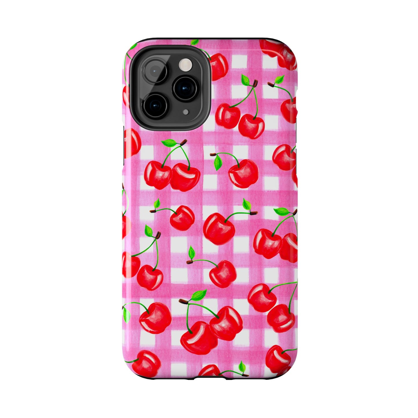 Tossed Red Watercolor Cherries Illustrated Pattern Light Pink Gingham Tough Phone Case | Various Models
