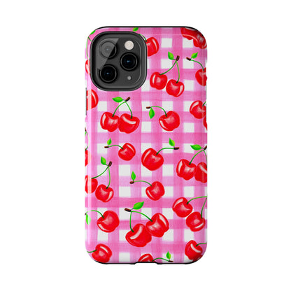 Tossed Red Watercolor Cherries Illustrated Pattern Light Pink Gingham Tough Phone Case | Various Models