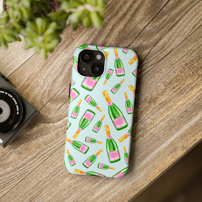 Tossed Pink and Green Watercolor Illustrated Champagne Bottles Pattern Light Blue Tough Phone Case | Various Models