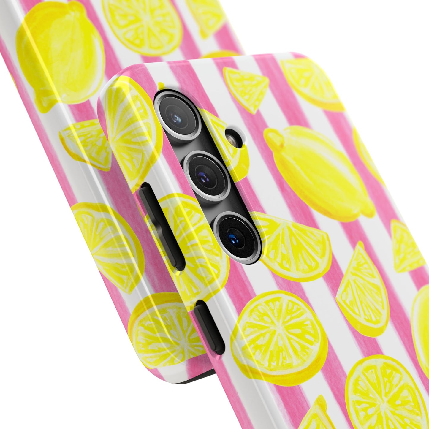Pink Lemonade Yellow Lemons with Pink & White Watercolor Stripes Tough Phone Case