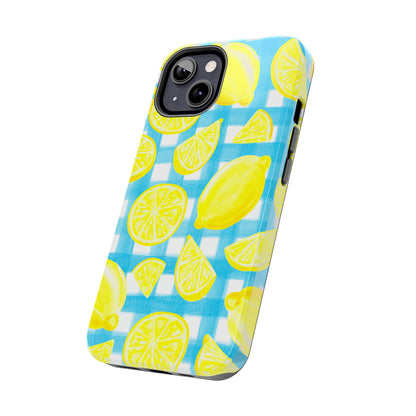 Yellow Lemons & Turquoise Gingham Watercolor Illustrated Tough Phone Case | Various Models Available