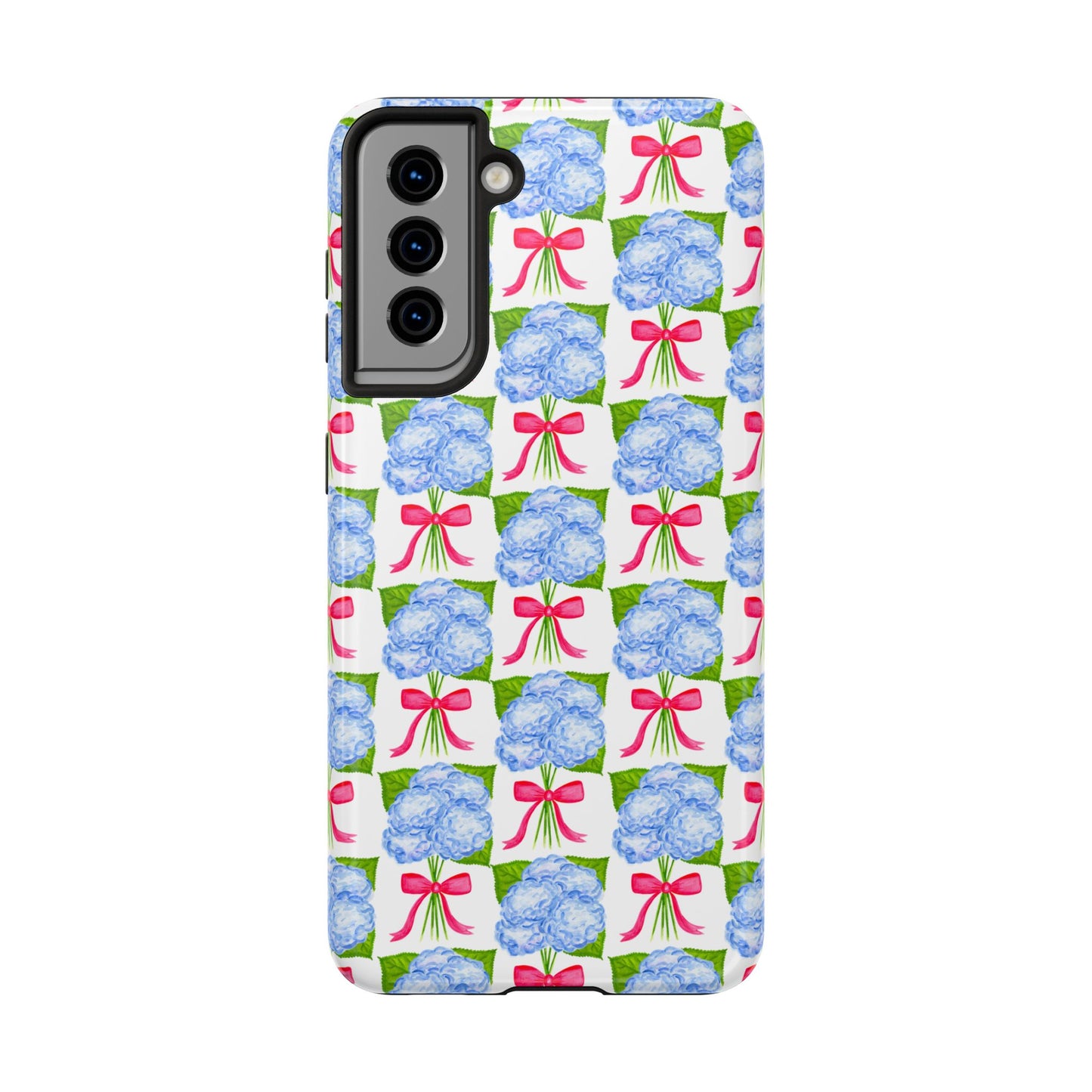 Blue Watercolor Hydrangea Bouquets with Hot Pink Bows Illustrated Patterned Tough Phone Case | Various Models