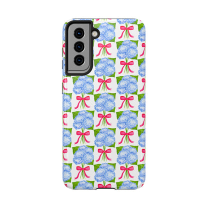 Blue Watercolor Hydrangea Bouquets with Hot Pink Bows Illustrated Patterned Tough Phone Case | Various Models