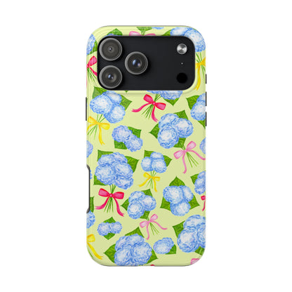 Blue Watercolor Hydrangea Bunches with Hot Pink, Yellow, Light Pink Bows Illustrated Patterned Yellow Tough Phone Case | Various Models