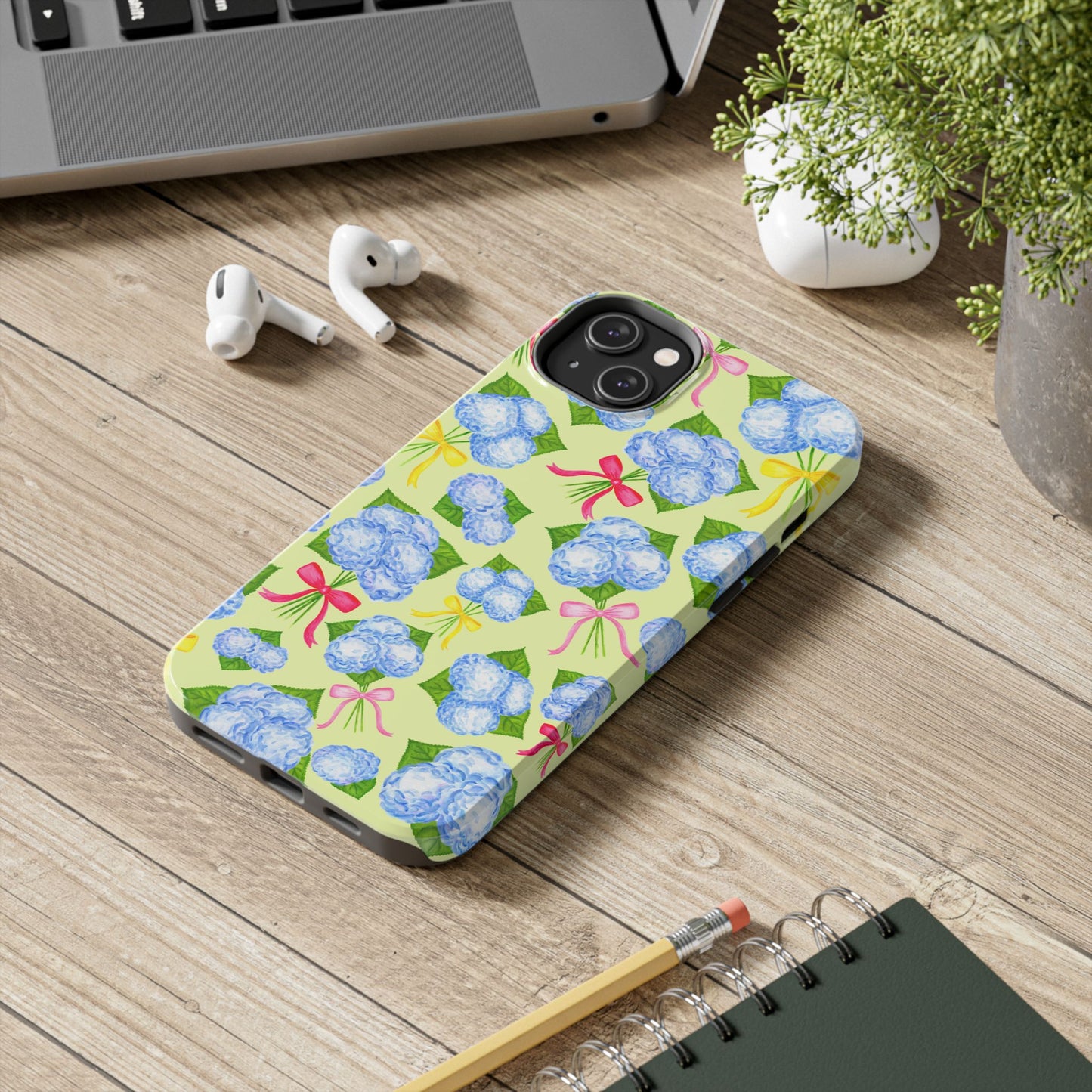 Blue Watercolor Hydrangea Bunches with Hot Pink, Yellow, Light Pink Bows Illustrated Patterned Yellow Tough Phone Case | Various Models