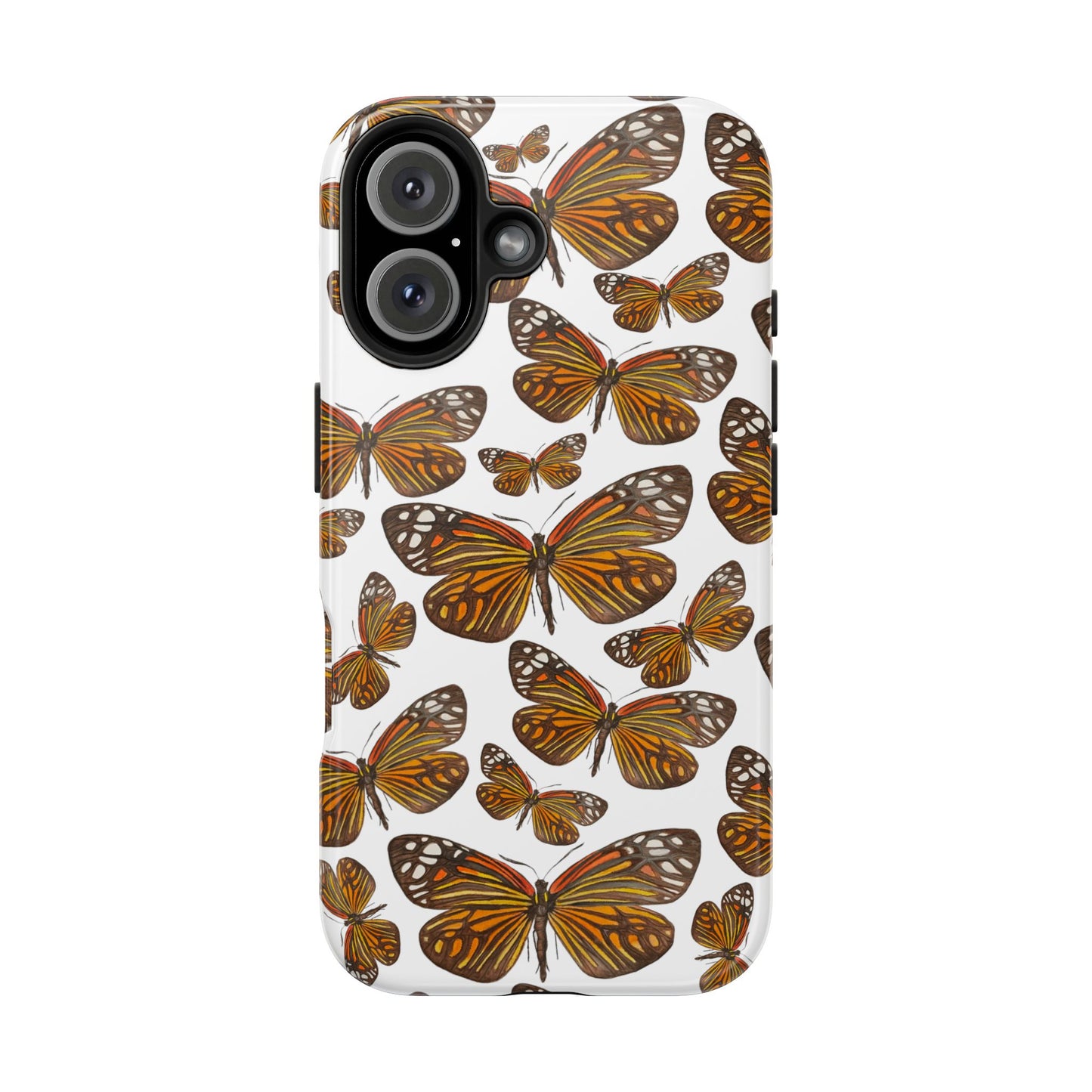 Black & Orange Butterfly Watercolor Illustrated Tossed Pattern Tough Phone Case | Various Models iPhone 16