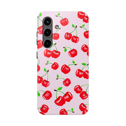 Tossed Red Watercolor Cherries Illustrated Pattern Light Pink Tough Phone Case | Various Models