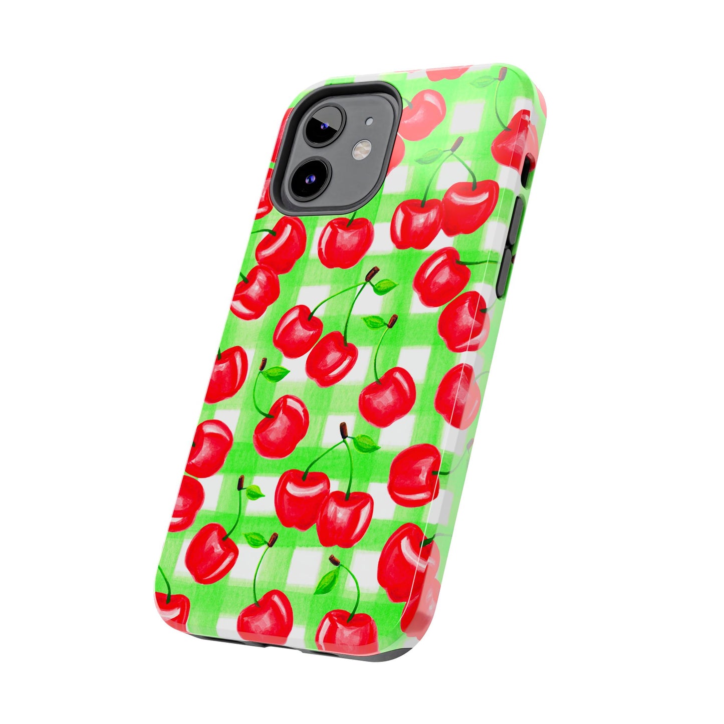 Red Tossed Cherries Green Gingham Watercolor Illustrated Tough Phone Case | Various Models Available