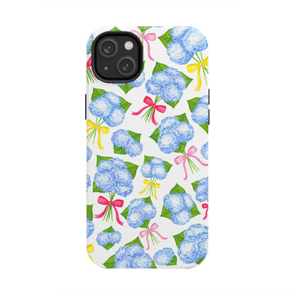 Blue Watercolor Hydrangea Bunches with Hot Pink, Yellow, Light Pink Bows Illustrated Patterned Tough Phone Case | Various Models