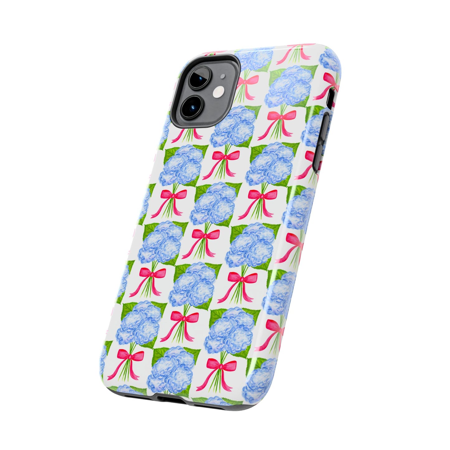 Blue Watercolor Hydrangea Bouquets with Hot Pink Bows Illustrated Patterned Tough Phone Case | Various Models